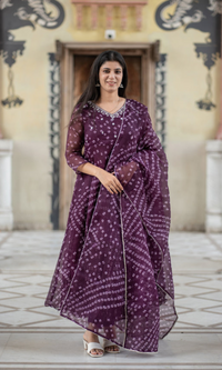 Pure kota Doria Bandhani print Anarkali with intricate handwork on the yoke all over cotton lining attached paired with cotton pants and a kota Doria dupatta