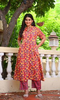 Bahe Kurtiz Elegant Flower Handblock Printed Co-Ord Set with Collared Design for Women