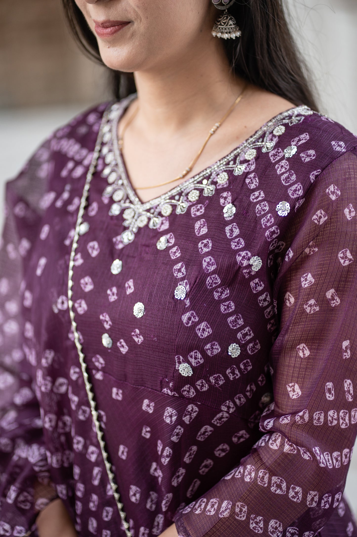 Pure kota Doria Bandhani print Anarkali with intricate handwork on the yoke all over cotton lining attached paired with cotton pants and a kota Doria dupatta