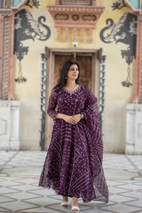 Pure kota Doria Bandhani print Anarkali with intricate handwork on the yoke all over cotton lining attached paired with cotton pants and a kota Doria dupatta