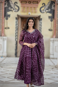 Pure kota Doria Bandhani print Anarkali with intricate handwork on the yoke all over cotton lining attached paired with cotton pants and a kota Doria dupatta