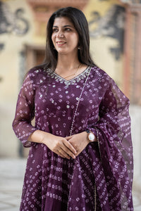 Pure kota Doria Bandhani print Anarkali with intricate handwork on the yoke all over cotton lining attached paired with cotton pants and a kota Doria dupatta