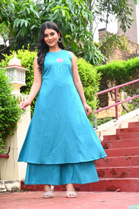 Bahe Kurtiz Blue Halter Neck Minimally Embroidered A Line Kurti Set with Palazzo for Women
