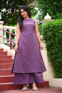 Bahe Kurtiz Purple Halter Neck Minimally Embroidered A Line Kurti Set with Palazzo for Women
