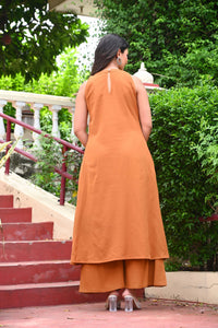 Bahe Kurtiz Mustard Halter Neck Minimally Embroidered A Line Kurti Set with Palazzo for Women