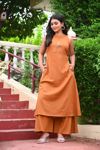 Bahe Kurtiz Mustard Halter Neck Minimally Embroidered A Line Kurti Set with Palazzo for Women