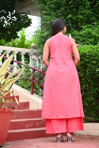 Bahe Kurtiz Light Pink Halter Neck Minimally Embroidered A Line Kurti Set with Palazzo for Women