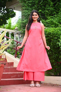 Bahe Kurtiz Light Pink Halter Neck Minimally Embroidered A Line Kurti Set with Palazzo for Women