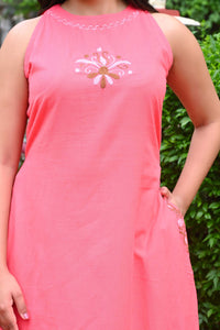 Bahe Kurtiz Light Pink Halter Neck Minimally Embroidered A Line Kurti Set with Palazzo for Women