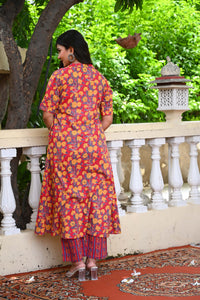 Bahe Kurtiz Elegant Flower Handblock Printed Co-Ord Set with Collared Design for Women