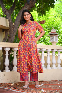 Bahe Kurtiz Elegant Flower Handblock Printed Co-Ord Set with Collared Design for Women