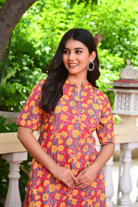 Bahe Kurtiz Elegant Flower Handblock Printed Co-Ord Set with Collared Design for Women
