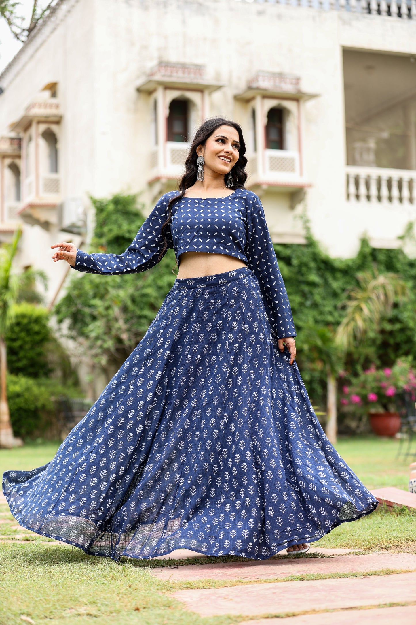 indigo kota doriya handblock crop top with skirt set for womens
