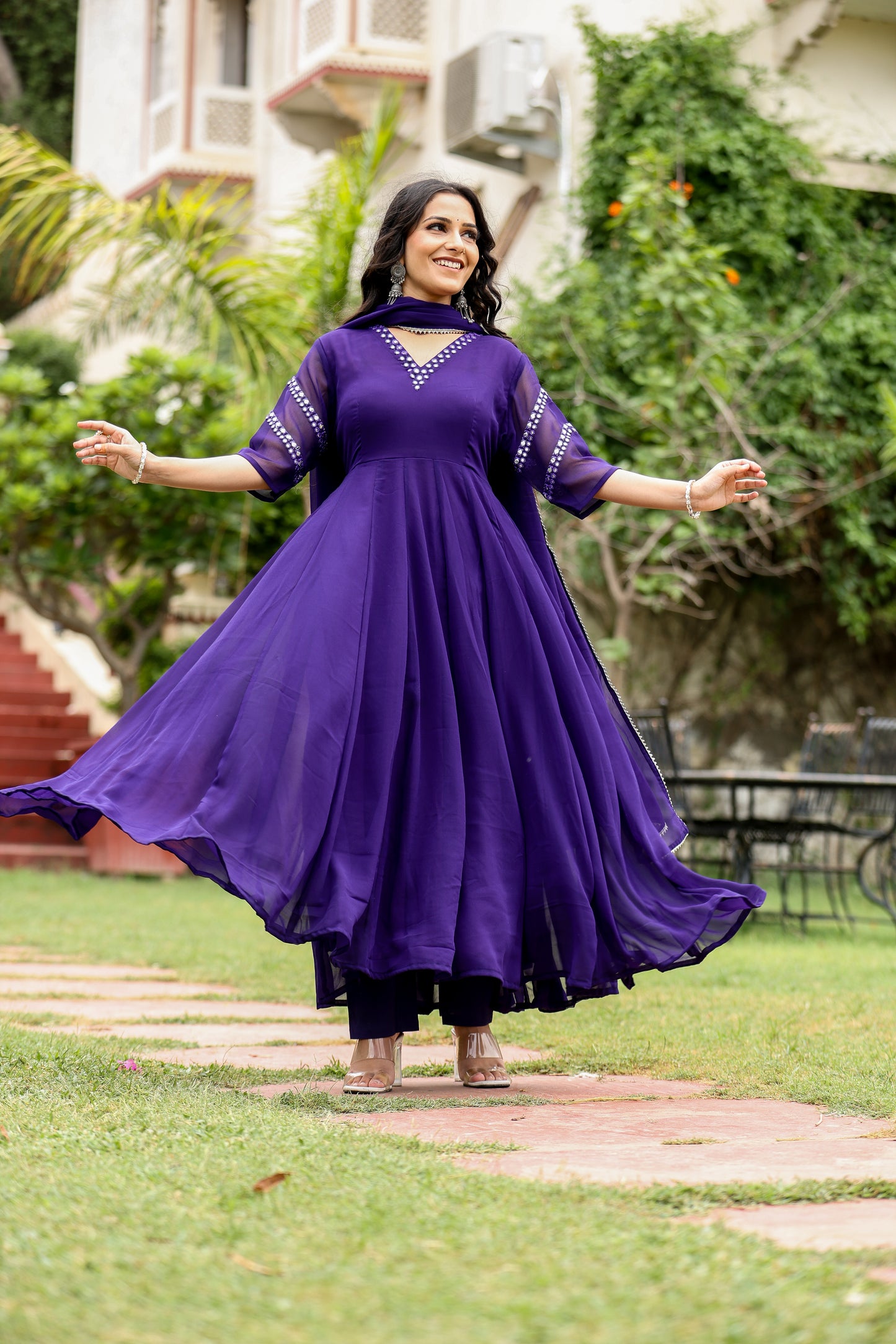 purple georgette embroidered anarkali suit for womens