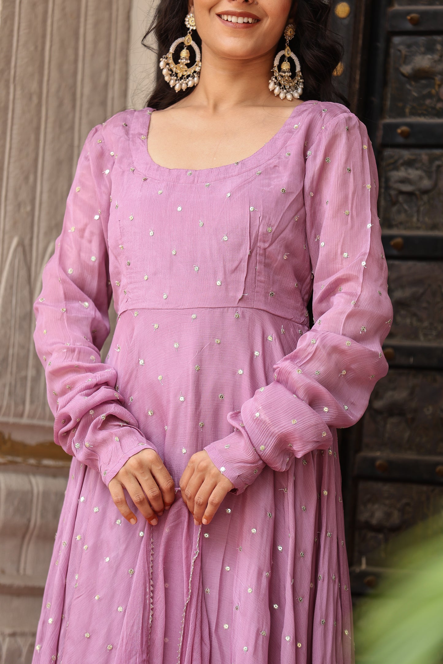 lavender gazi silk embroidered floor touch anarkali with dupatta set for womens