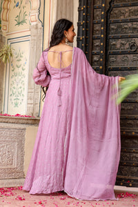 lavender gazi silk embroidered floor touch anarkali with dupatta set for womens