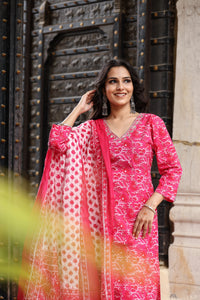 Bahe Kurtiz Pink Handblock V Neck Gotta patti emblished Straight Kurta Set with Dupatta For Womens