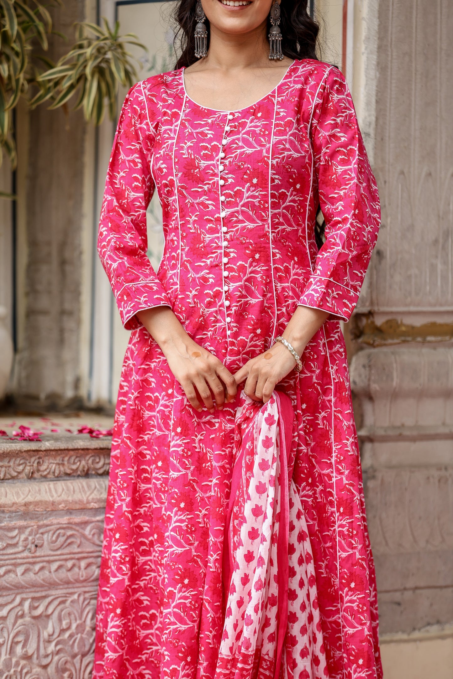 Bahe Kurtiz Pink Handblock Printed Cotton kalidar Anarkali Set with Dupatta for Womens