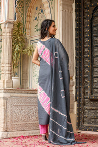 Charcoal Grey & Pink Shibori Sleeveless Kurta Set with Matching Dupatta for womens