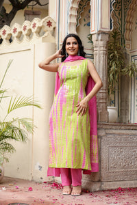 Lime & Pink Tie-Dye Sleeveless Straight Kurta Set with Dupatta for womens