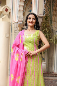 Lime & Pink Tie-Dye Sleeveless Straight Kurta Set with Dupatta for womens