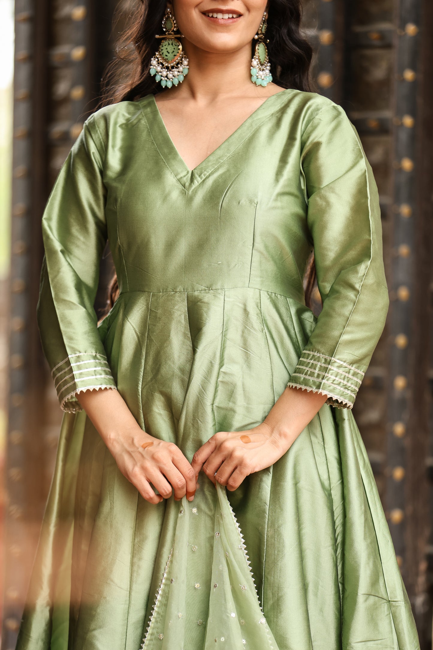 Olive Green Silk Flared Anarkali Kurta Set with fully flared & Dupatta for womens