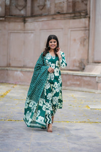 Bahe Kurtiz cotton handblock printed V neck straight Kurta and pant with Dupatta set