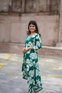 Bahe Kurtiz cotton handblock printed V neck straight Kurta and pant with Dupatta set