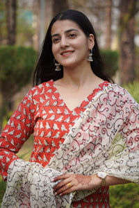 Red Handblock Printed Cotton Kurta Set with Printed Dupatta for womens