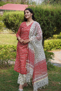 Red Handblock Printed Cotton Kurta Set with Printed Dupatta for womens