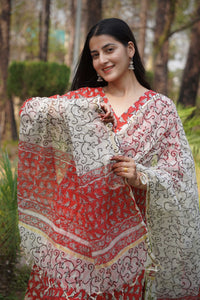 Red Handblock Printed Cotton Kurta Set with Printed Dupatta for womens