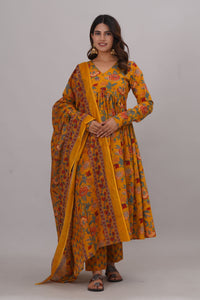Bahe Kurtiz Pure cotton Women Floral Printed V-Neck Anarkali Aliya cut Kurta & pant With Dupatta