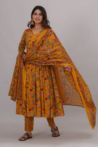 Bahe Kurtiz Pure cotton Women Floral Printed V-Neck Anarkali Aliya cut Kurta & pant With Dupatta