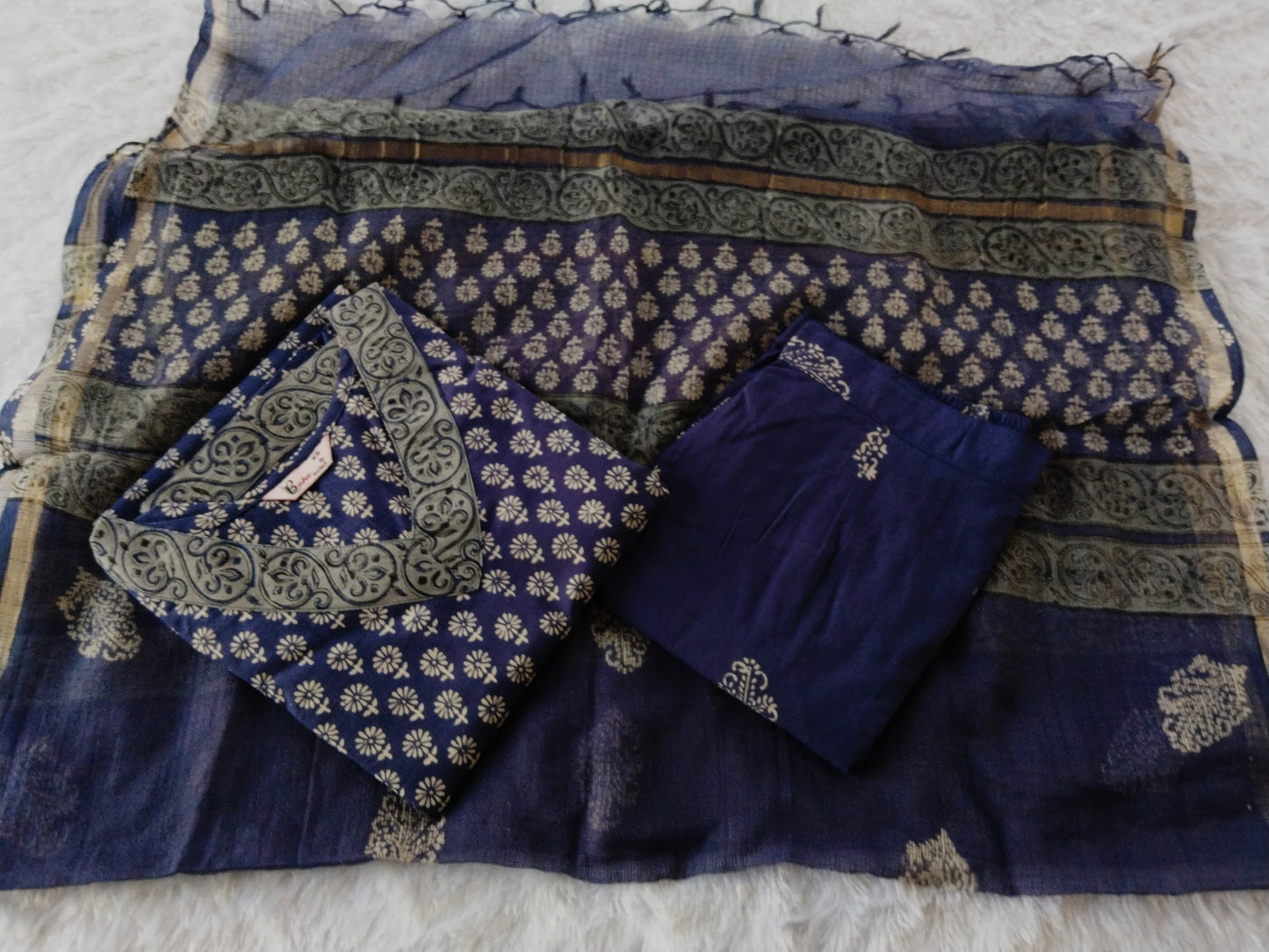 Bahe Kurtiz cotton handblock printed straight Kurta and pant with Dupatta set