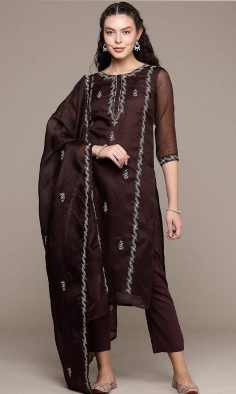 Bahe Kurtiz Coffee Pure Kota Doriya Kurta Pant Dupatta Set for Women