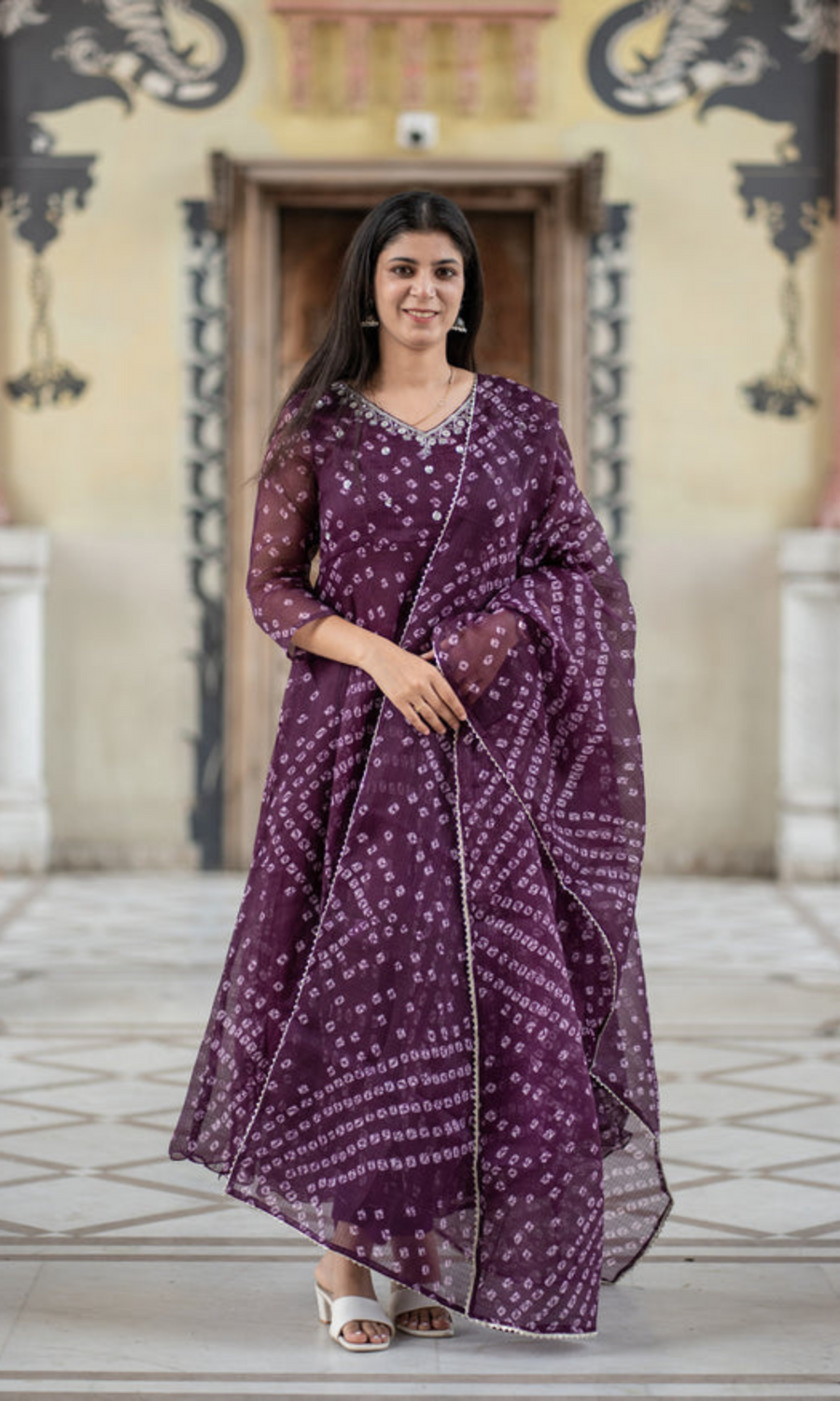 Pure kota Doria Bandhani print Anarkali with intricate handwork on the yoke  all over cotton lining attached paired with cotton pants and a kota Doria dupatta