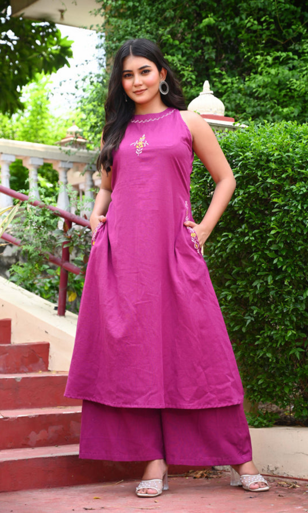 Bahe Kurtiz Halter Neck Minimally Embroidered A Line Kurti Set with Palazzo for Women