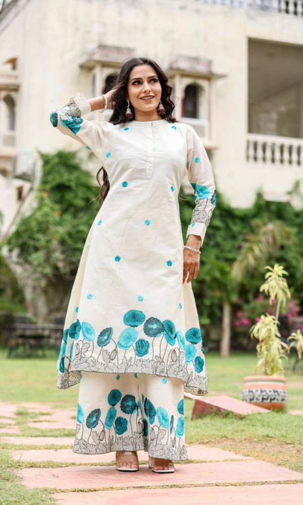 Off-White Kurta Set with Blue Hand Print