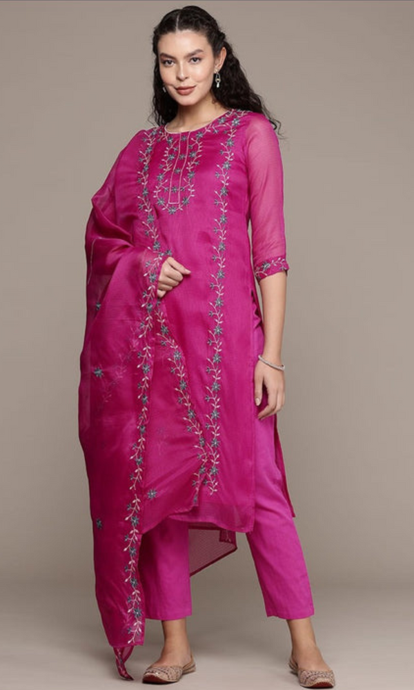 Bahe Kurtiz Pink Pure Kota Doriya Kurta Pant Dupatta Set for Women
