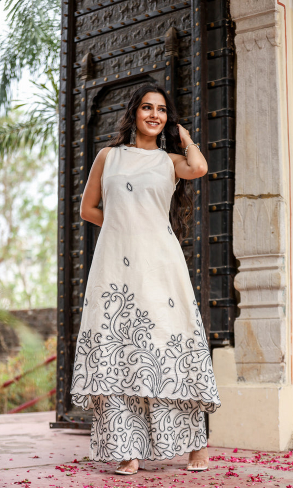Off-White Cotton A-Line Kurta with Palazzo
