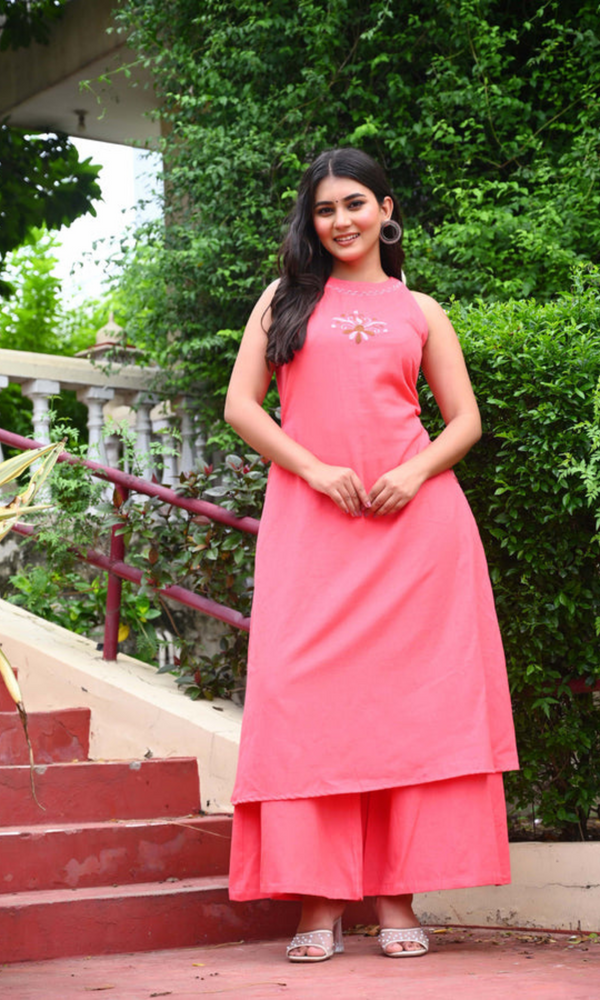 Bahe Kurtiz Light Pink Halter Neck Minimally Embroidered A Line Kurti Set with Palazzo for Women