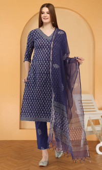 Bahe Kurtiz cotton handblock printed straight Kurta and pant with Dupatta set