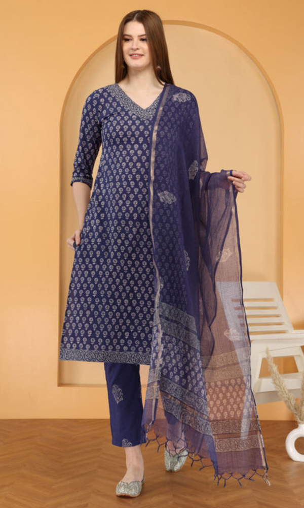 Bahe Kurtiz cotton handblock printed straight Kurta and pant with Dupatta set