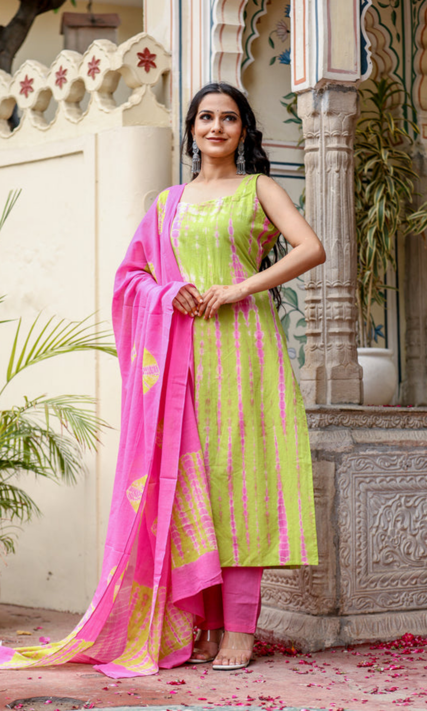 Lime & Pink Tie-Dye Sleeveless Straight Kurta Set with Dupatta for womens