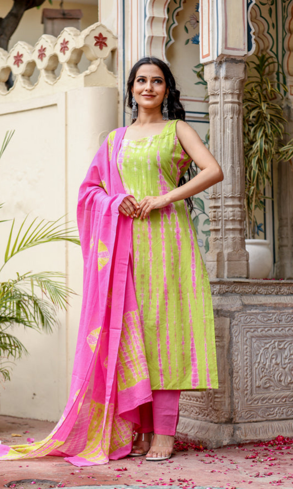 Lime & Pink Tie-Dye Sleeveless Straight Kurta Set with Dupatta for womens