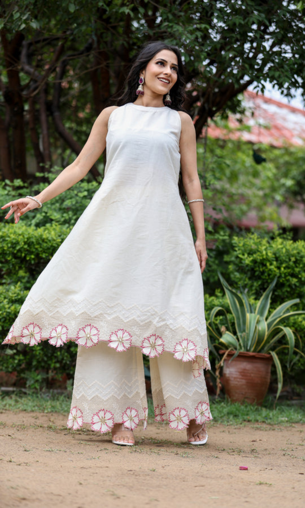 Off-White Cotton A-Line Kurta with Palazzo