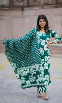 Bahe Kurtiz cotton handblock printed V neck straight Kurta and pant with Dupatta set