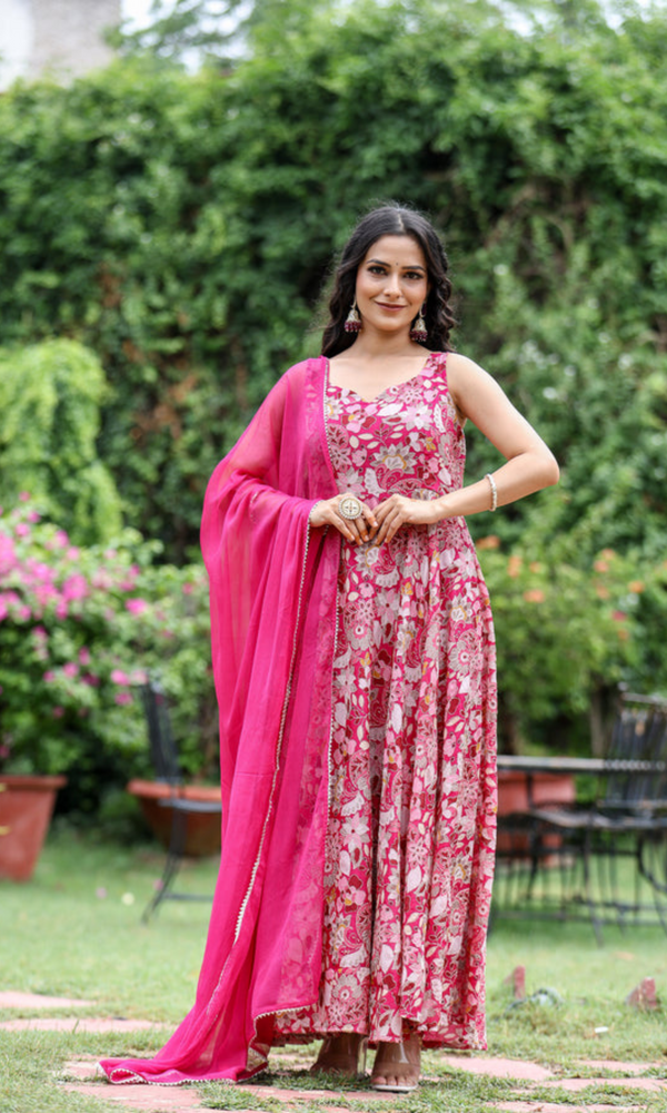 Magenta Georgette  silk embroidered  Anarkali Set for womens