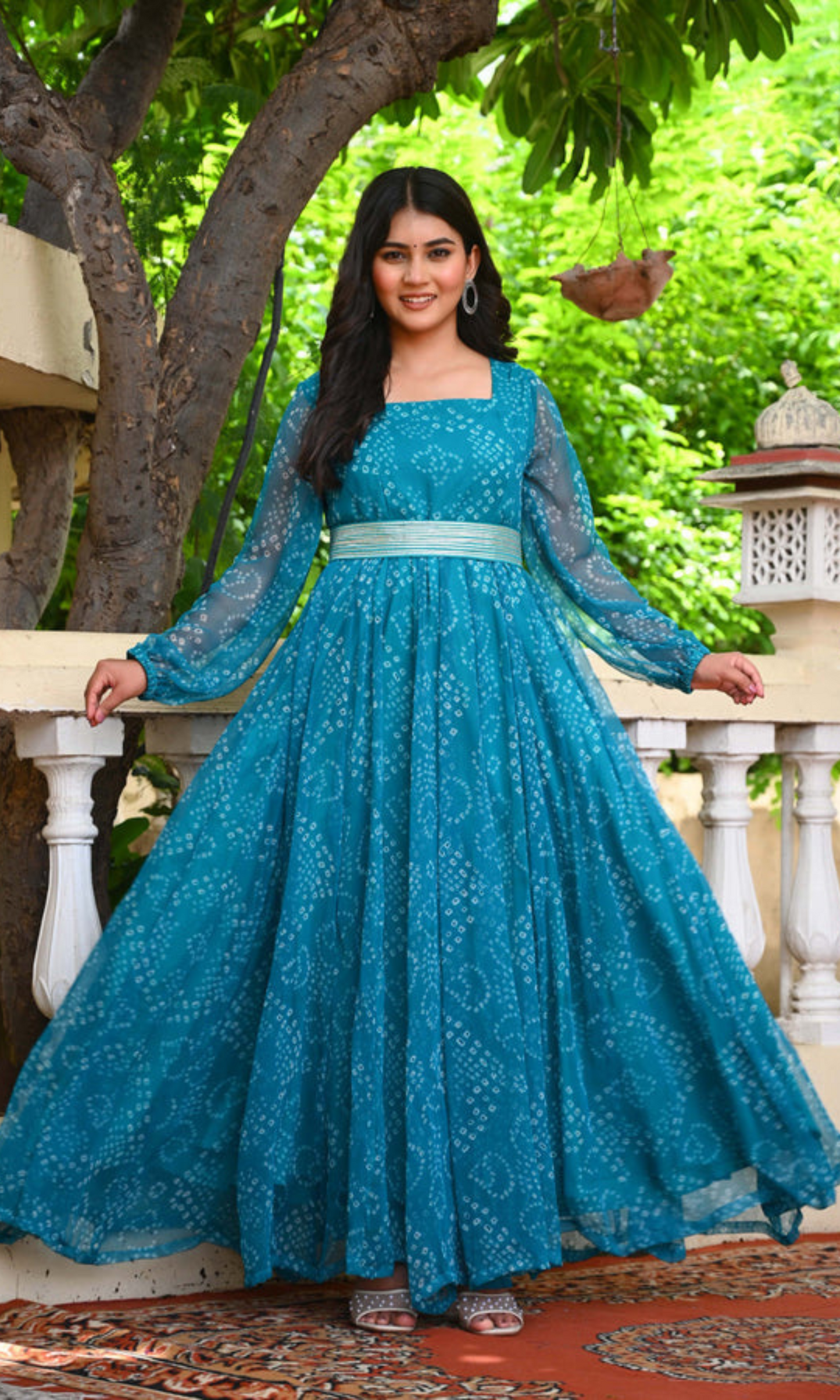 Bahe Kurtiz Blue Badhani Printed Georgette Maxi Dress with Unique Belt Design for Women