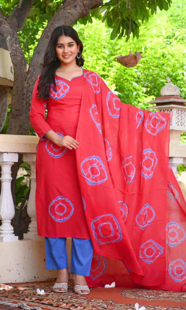 Bahe Kurtiz Straight Kurta Set with Contrasting Tie-Dye Patterns and Cotton Dupatta for Women